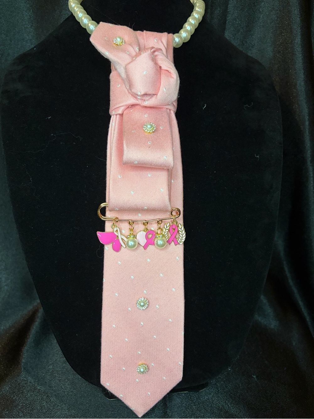 Pearl-Tie with Pink Ribbon Charm Accents